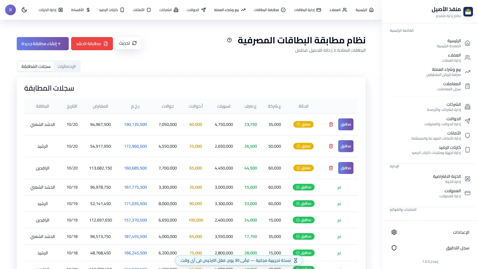 شاشة المطابقة اليومية للبطاقات في منفذي